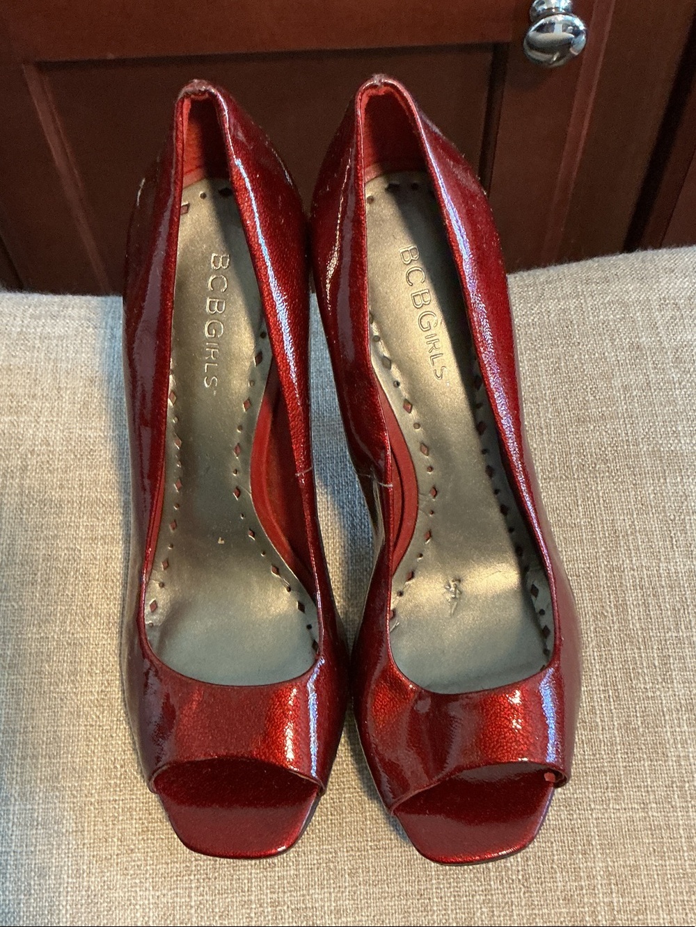 BCBGirls Glossy Red Peep-Toe Heels Size 7.5